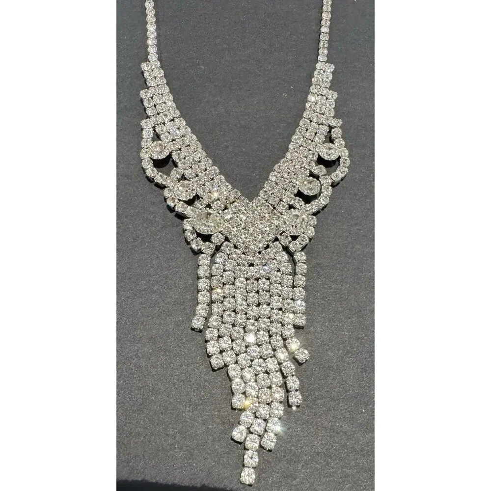 Crystal Fringe Necklace Rhinestone Waterfall Statement Choker Costume Jewelry - Picture 4 of 9